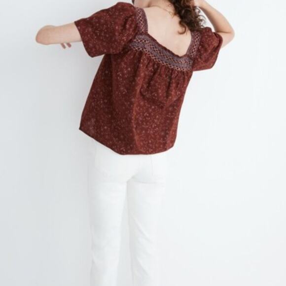 Madewell Square Neck Smocked Top Burgundy Red Embroidered Dotted Vines Small - Picture 2 of 8